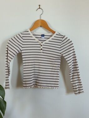Old Navy Kids Cream and Black Striped Ribbed Henley Top